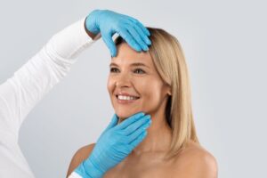 Gloved hands touching a woman’s face during cosmetic surgery consultation