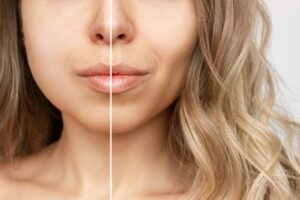 Woman’s face before and after buccal fat removal